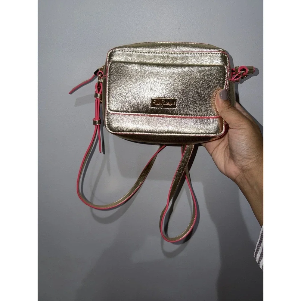 Lilly Pulitzer Metallic Gold Crossbody Bag With Pink Trim Lilia's NWOT T